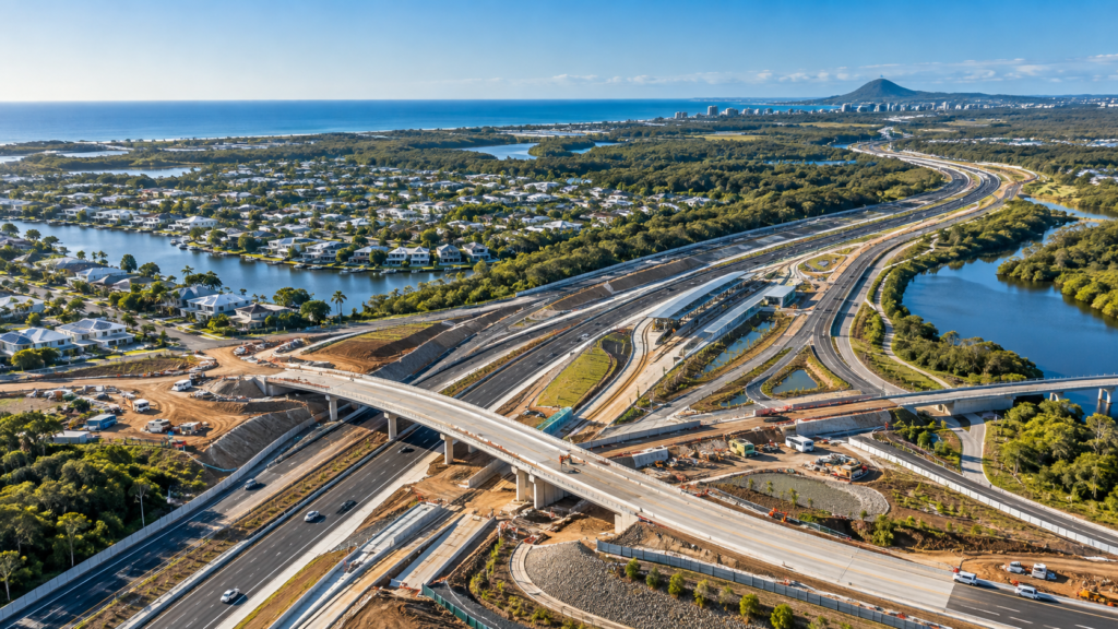 Aerial view of a Sunshine Coast transport interchange and corridor near Mountain Creek homes